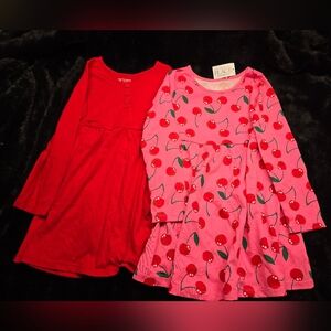 Children's Place 4T Girls' Pink Cherry Print Dress and Red Long Sleeve Dress